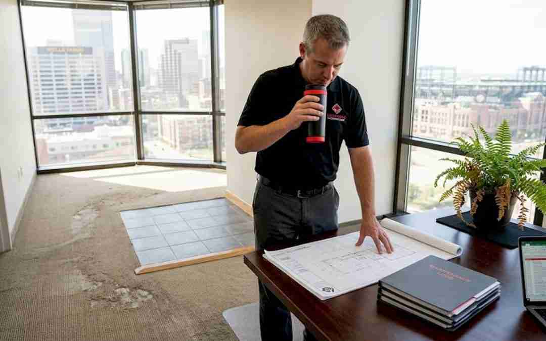 Property manager reviews blueprints in Denver office