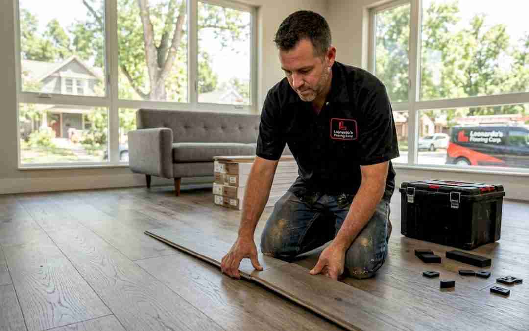 Flooring installer laying engineered wood planks