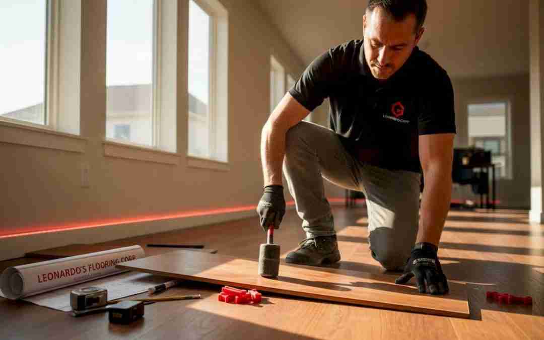 Installer positions hardwood plank in sunlit living room