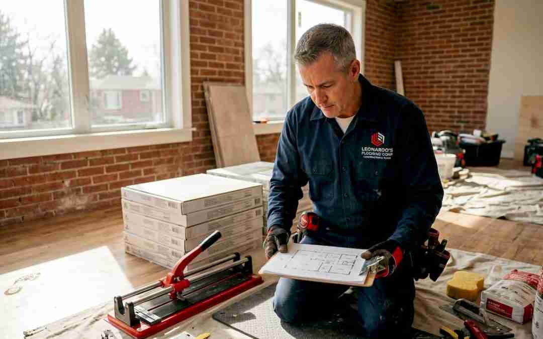 Contractor prepares for tile installation in Denver home