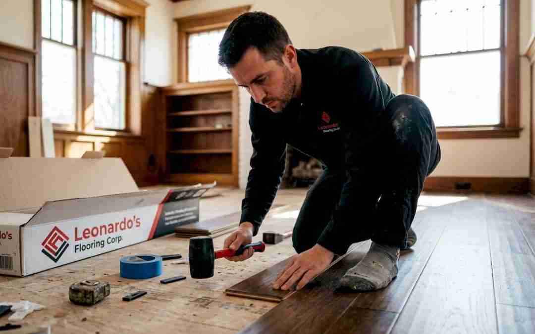 Denver homeowner laying hardwood planks in living room