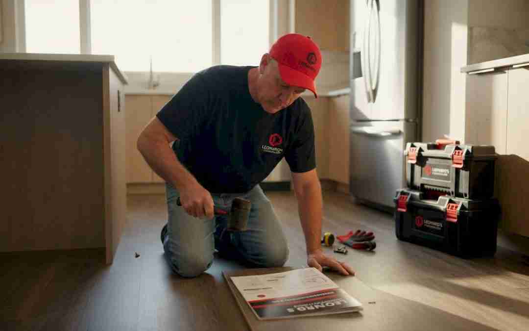 Flooring installer aligning waterproof vinyl planks