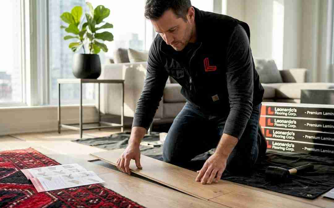 Homeowner installing floating floor in sunlit room