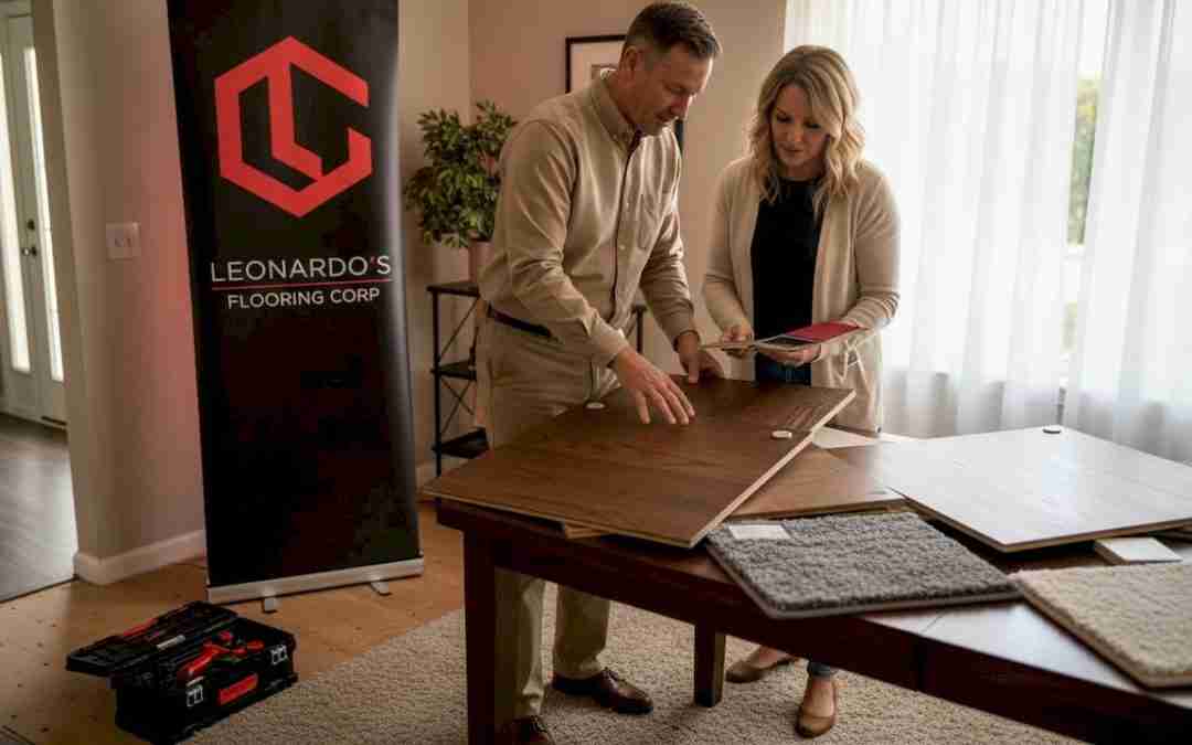 Couple comparing flooring samples at home