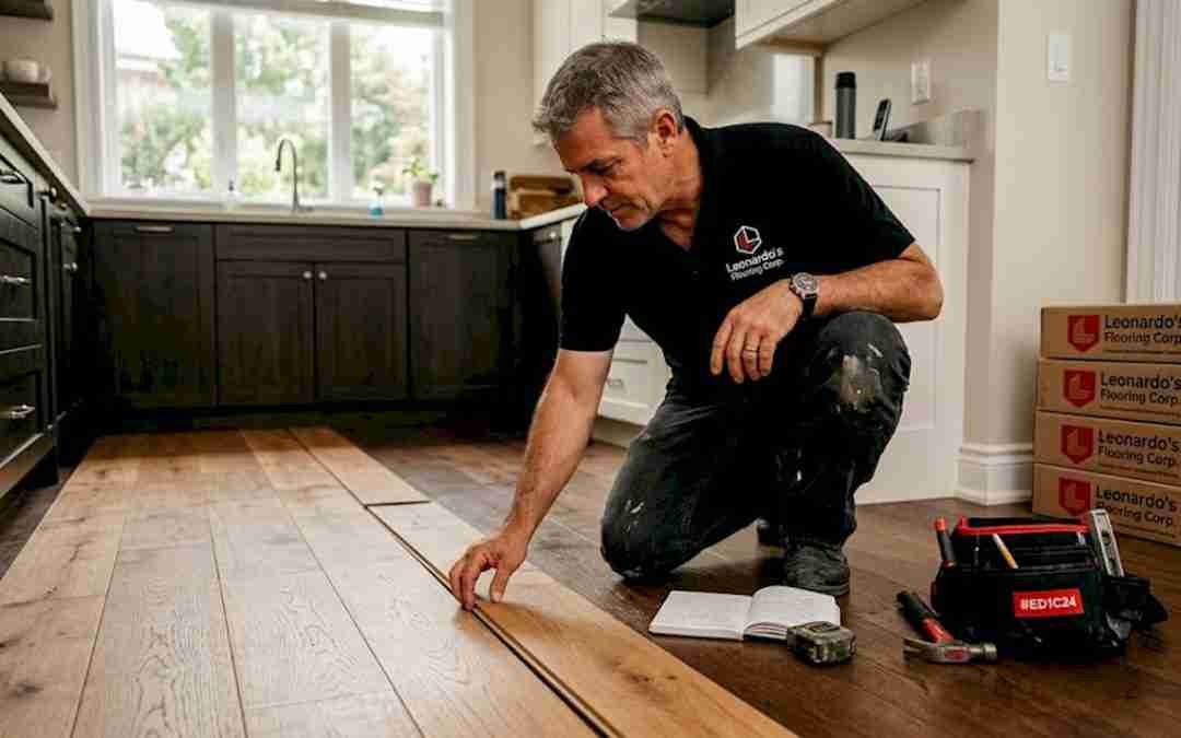 Flooring contractor double-checking wood floor alignment