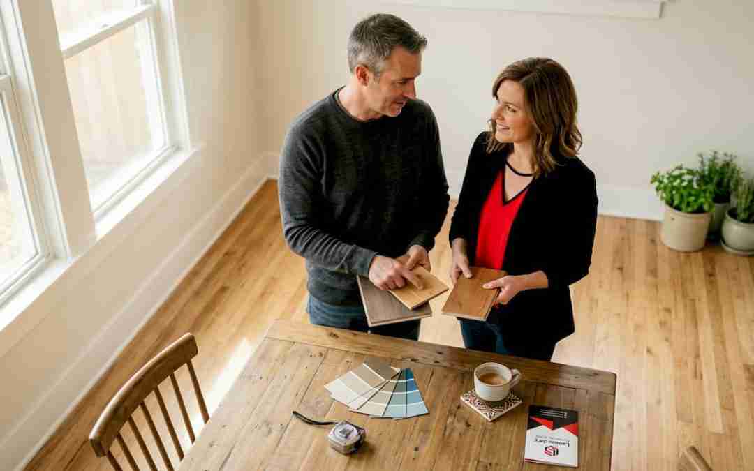 Denver homeowners reviewing flooring samples in living room