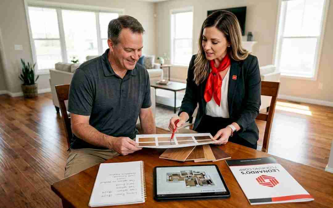 Homeowner and manager discussing flooring samples