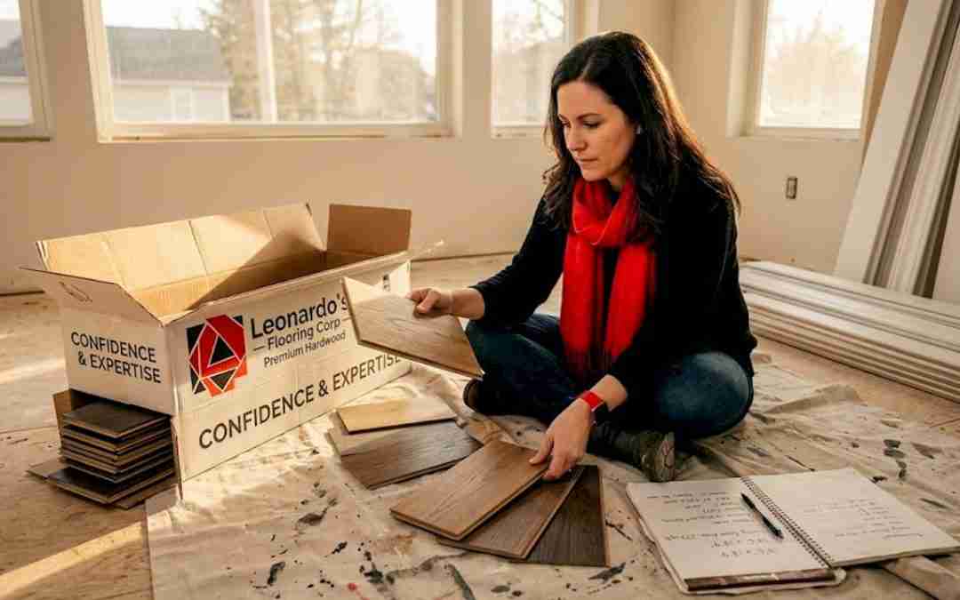 Person selecting flooring samples in sunlit living room
