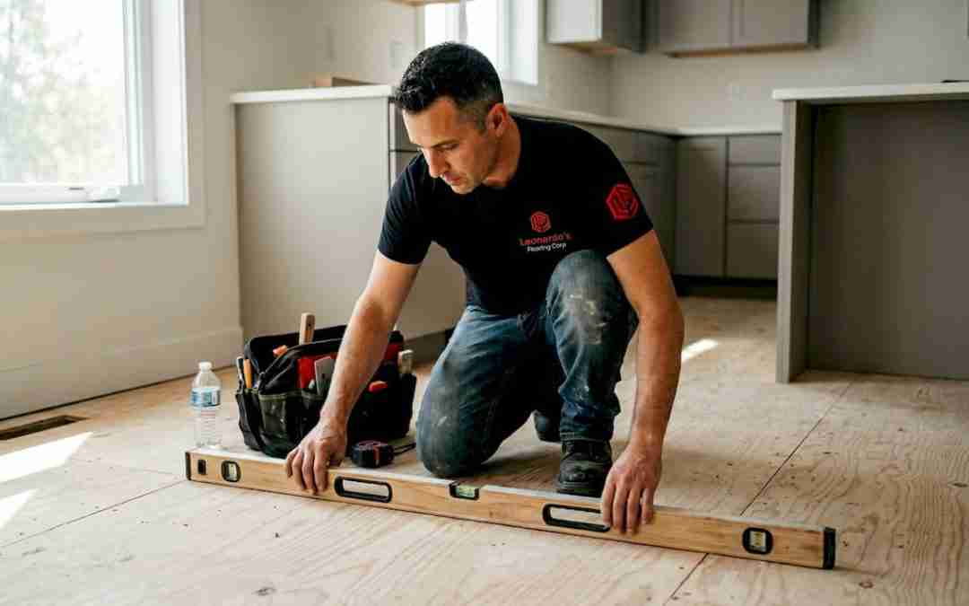 Contractor checking plywood subfloor flatness