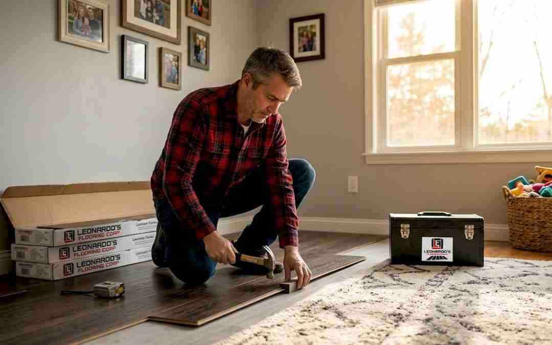 Homeowner installing laminate flooring in living room