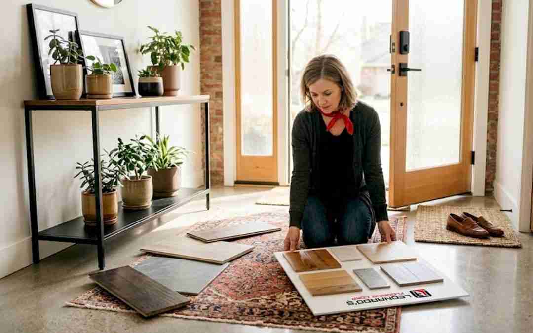 Homeowner inspecting flooring samples in living room