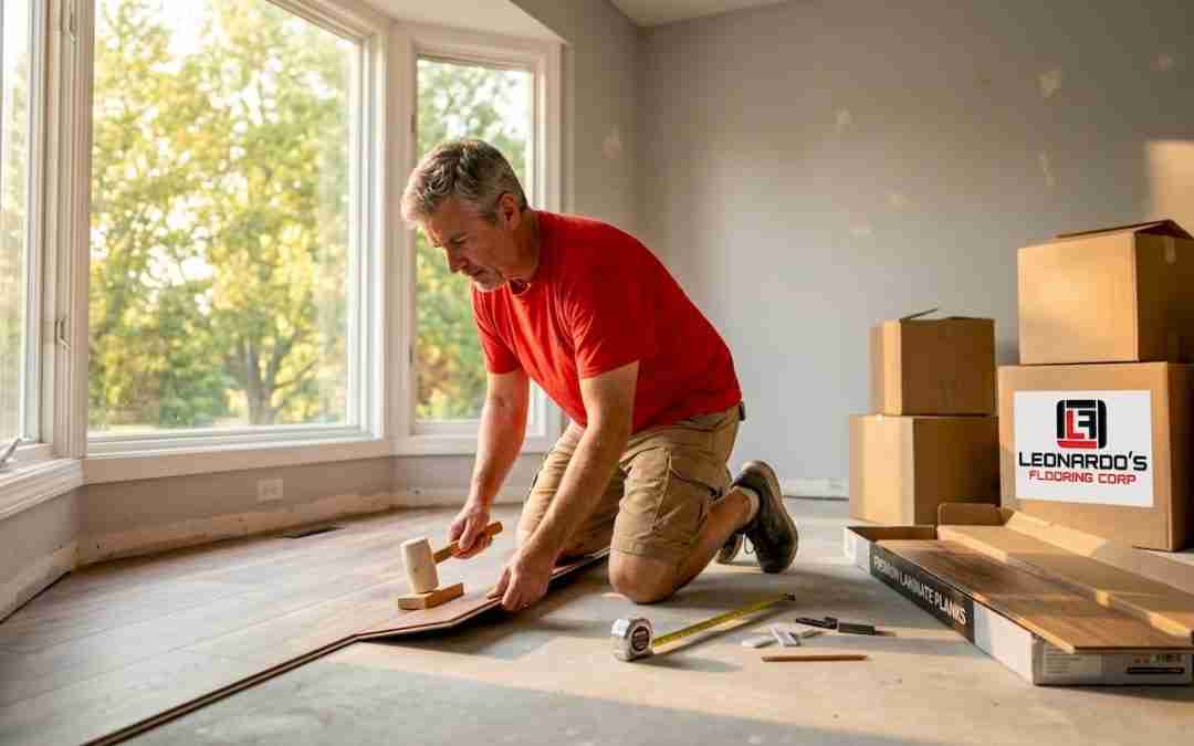 Homeowner installing laminate in lived-in living room