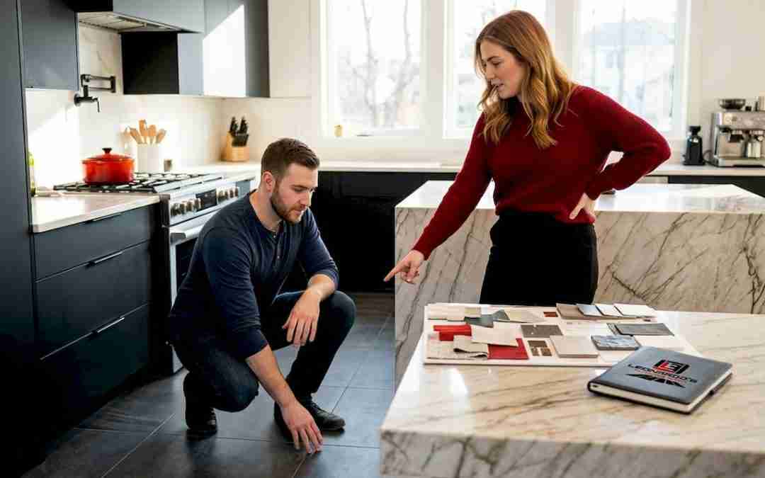 Couple selecting modern tile floor sample