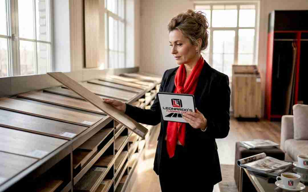 Interior designer examining laminate flooring samples
