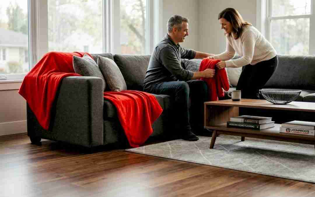 Couple arranging cushions on hardwood floor