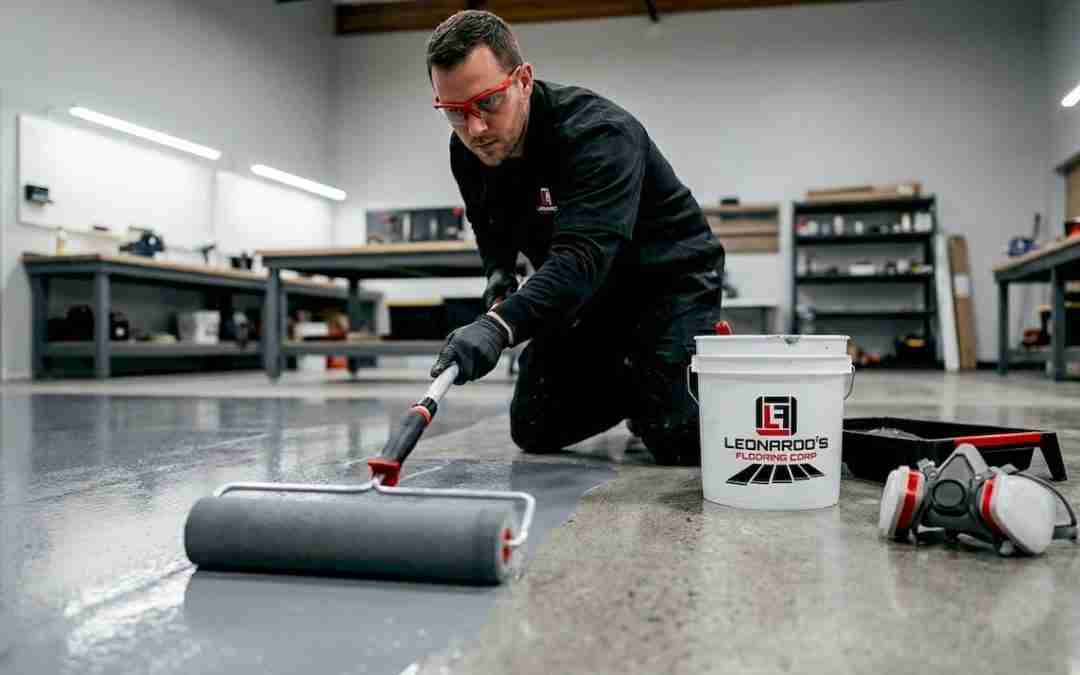 Installer applying epoxy coating in garage