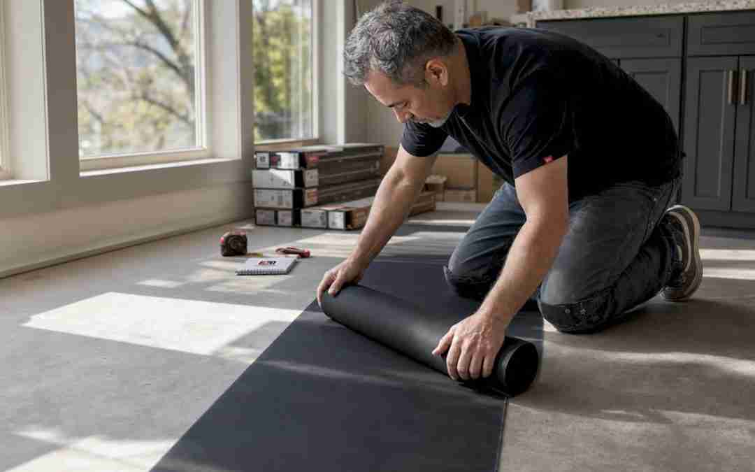 Homeowner installing floor underlayment layer