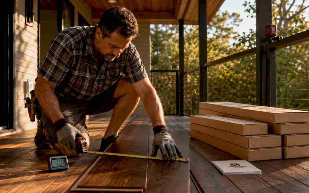 Carpenter measuring hardwood planks on subfloor