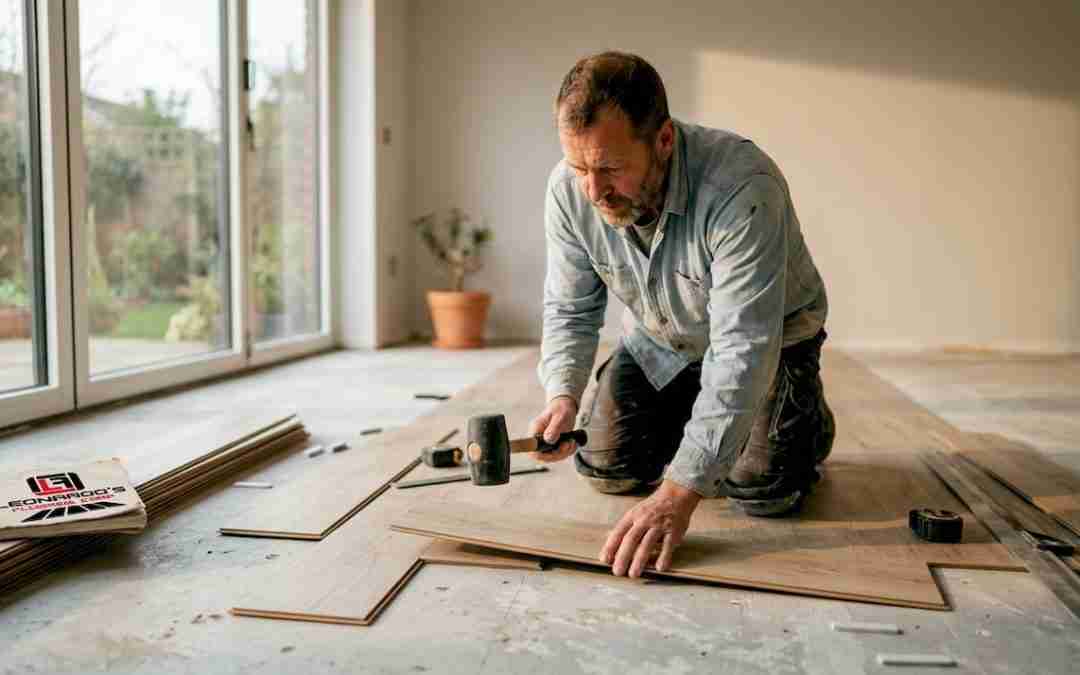 Man installing luxury vinyl plank flooring in kitchen