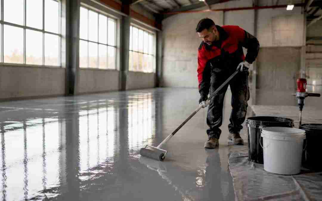 Contractor applying epoxy on warehouse floor