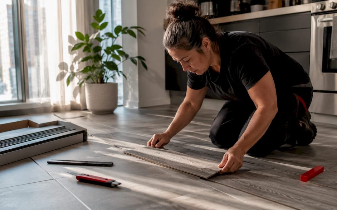 Woman installing peel-and-stick vinyl flooring