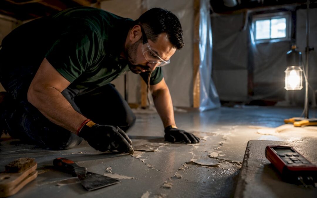 Specialist inspecting peeling epoxy garage floor