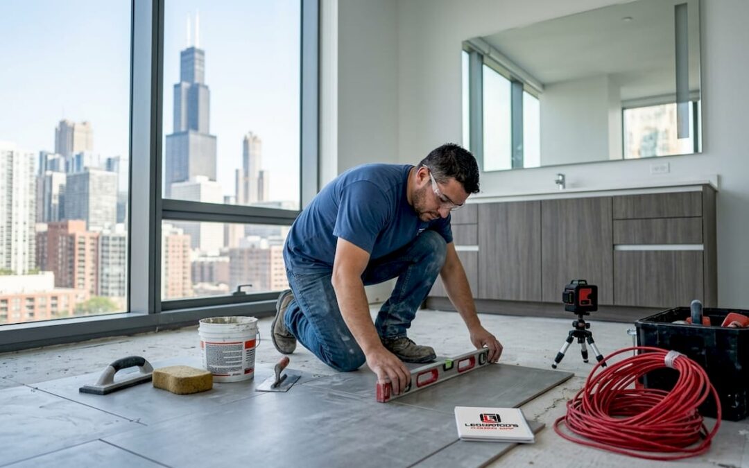 Tile installer preparing subfloor in Chicago bathroom