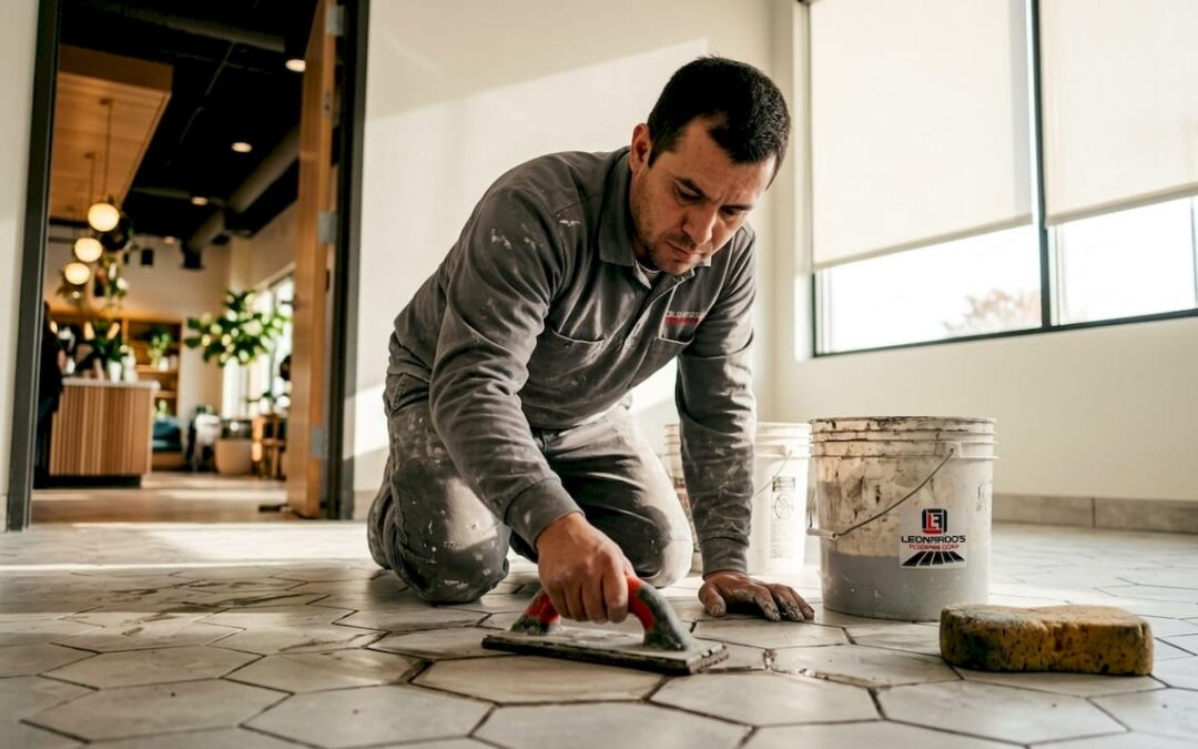Installer working on high traffic tile floor