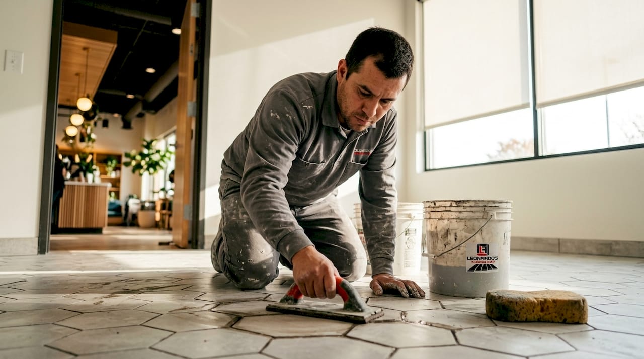 Installer working on high traffic tile floor