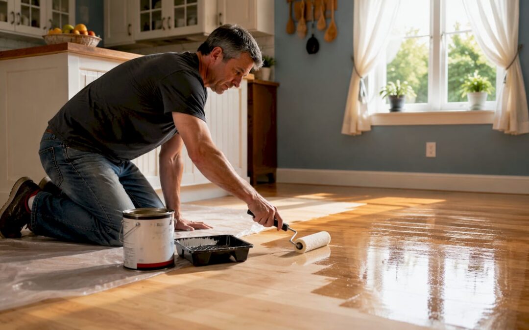 Homeowner applying floor gloss coating on hardwood floor