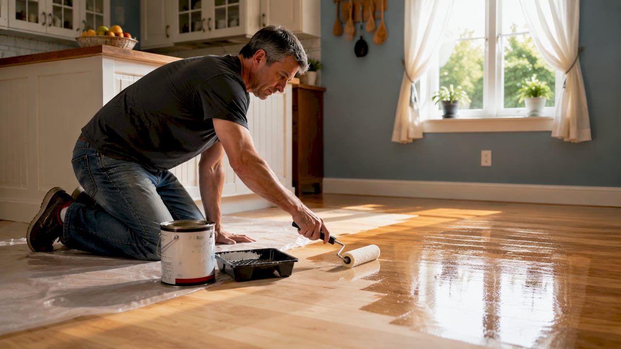 Homeowner applying floor gloss coating on hardwood floor