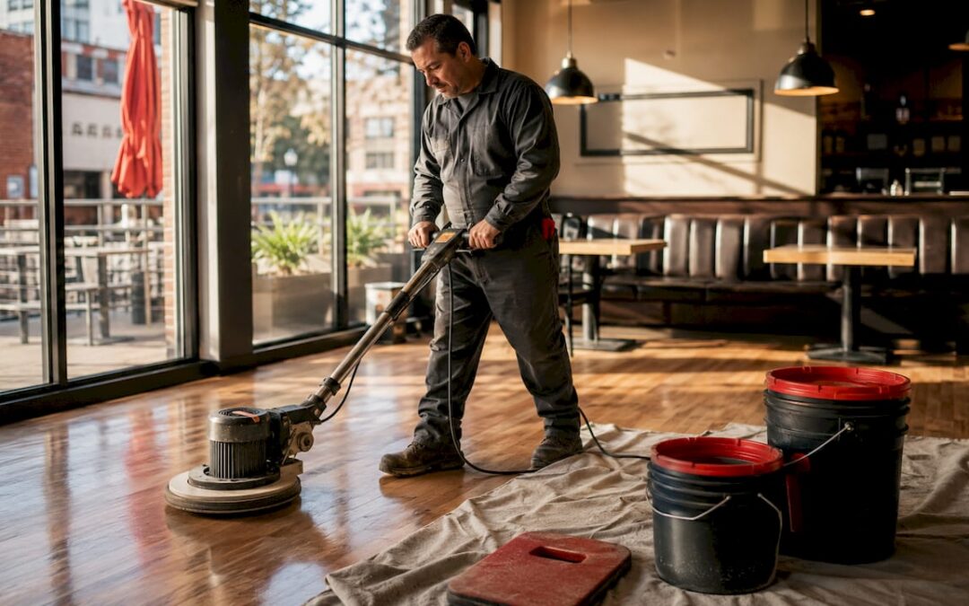 Technician applying recoating finish on hardwood floor