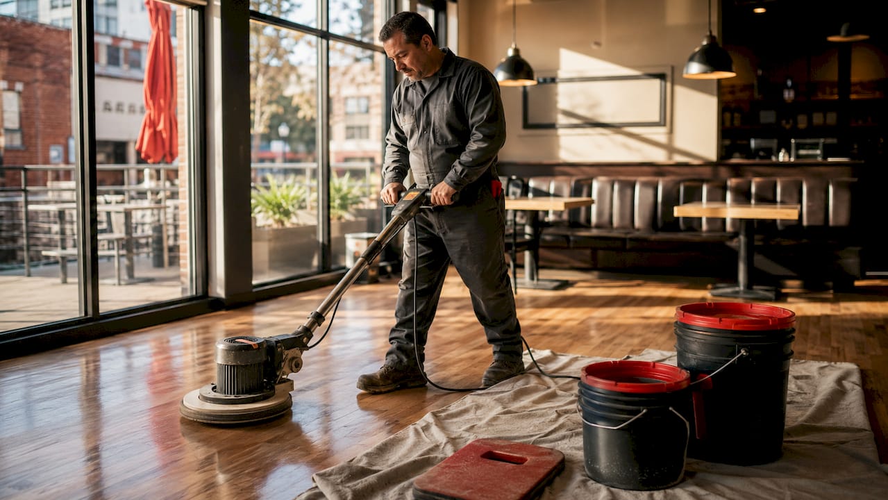 Technician applying recoating finish on hardwood floor