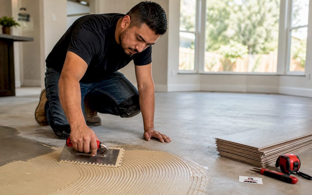 Installer spreading adhesive on vinyl subfloor