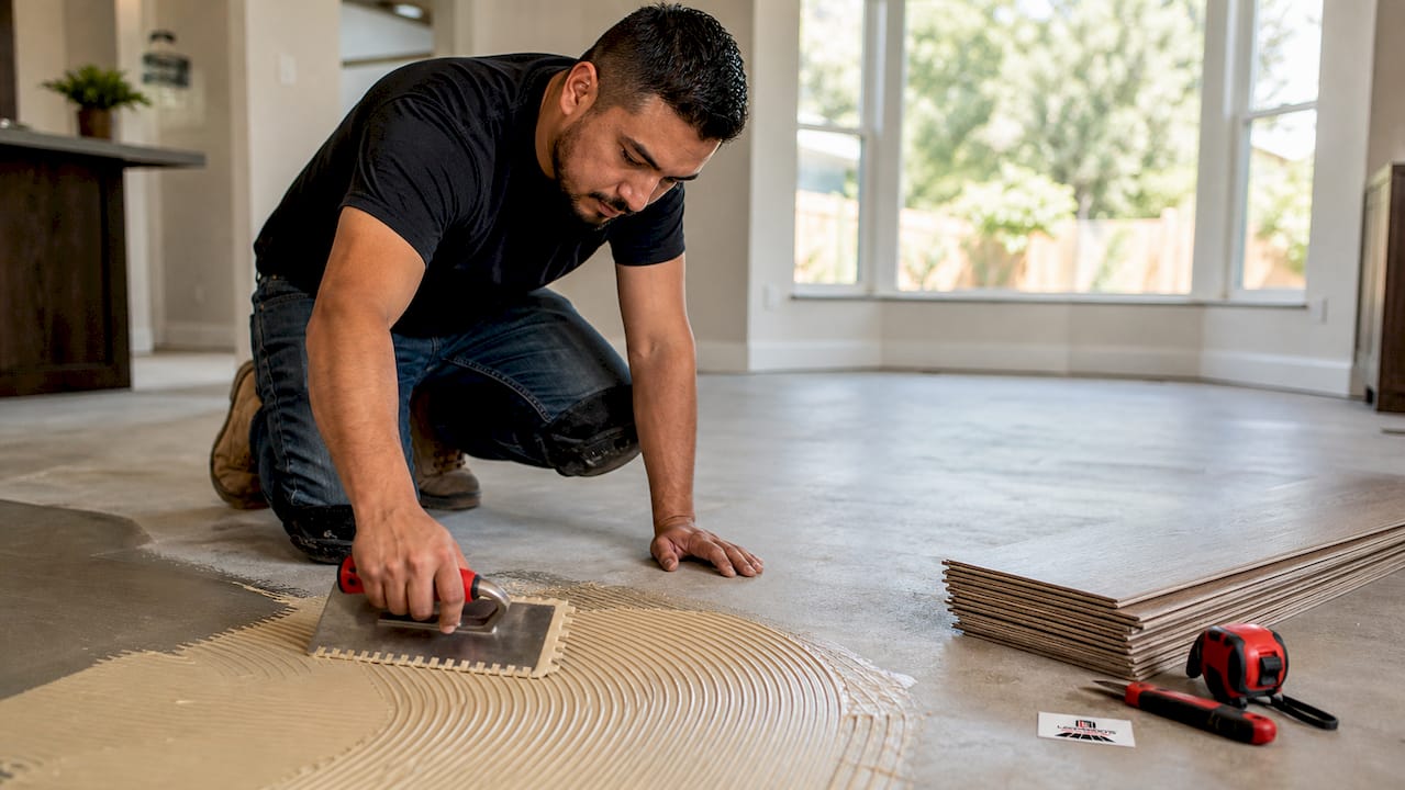 Installer spreading adhesive on vinyl subfloor