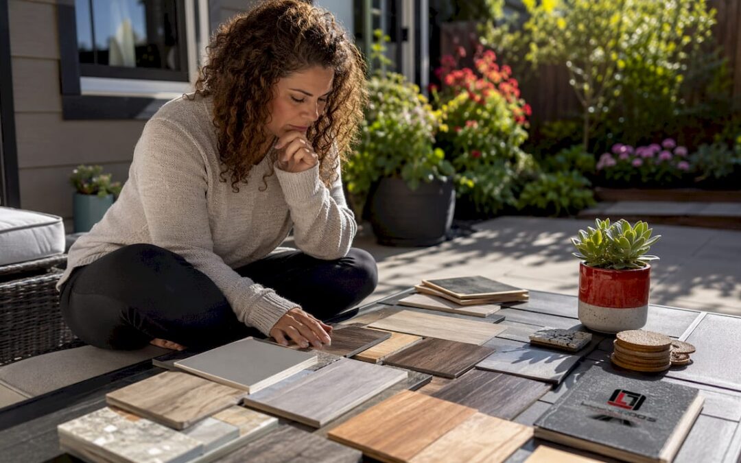 Homeowner reviewing flooring samples on floor