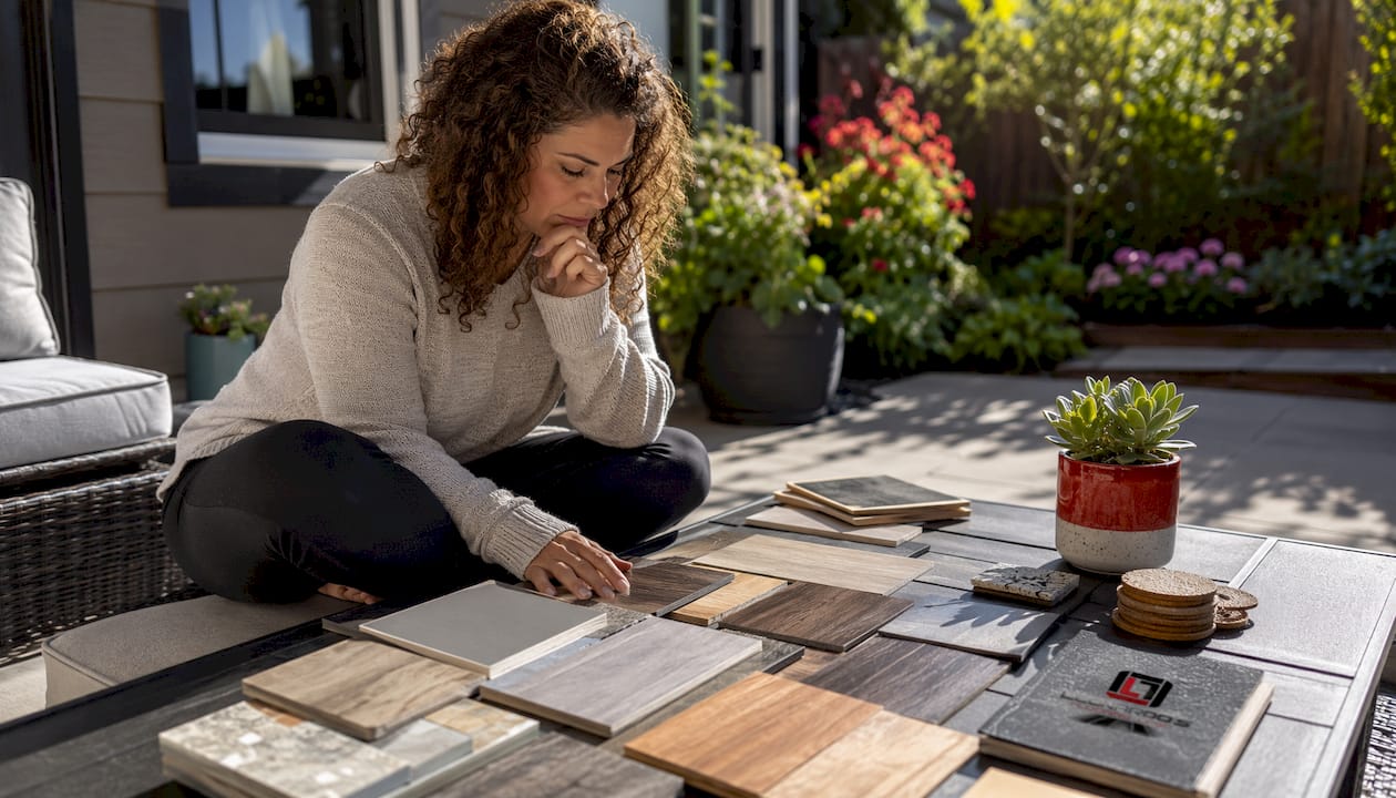Homeowner reviewing flooring samples on floor