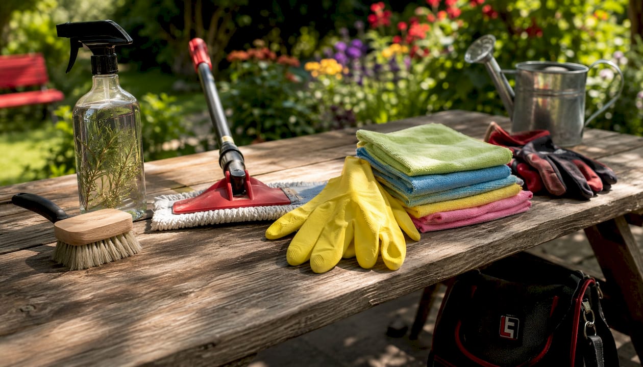 Close-up of floor cleaning supplies on kitchen island