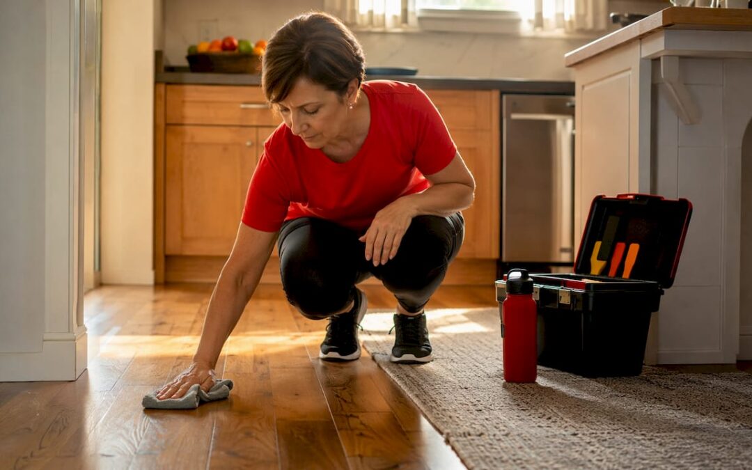 Woman cleaning newly installed hardwood floor
