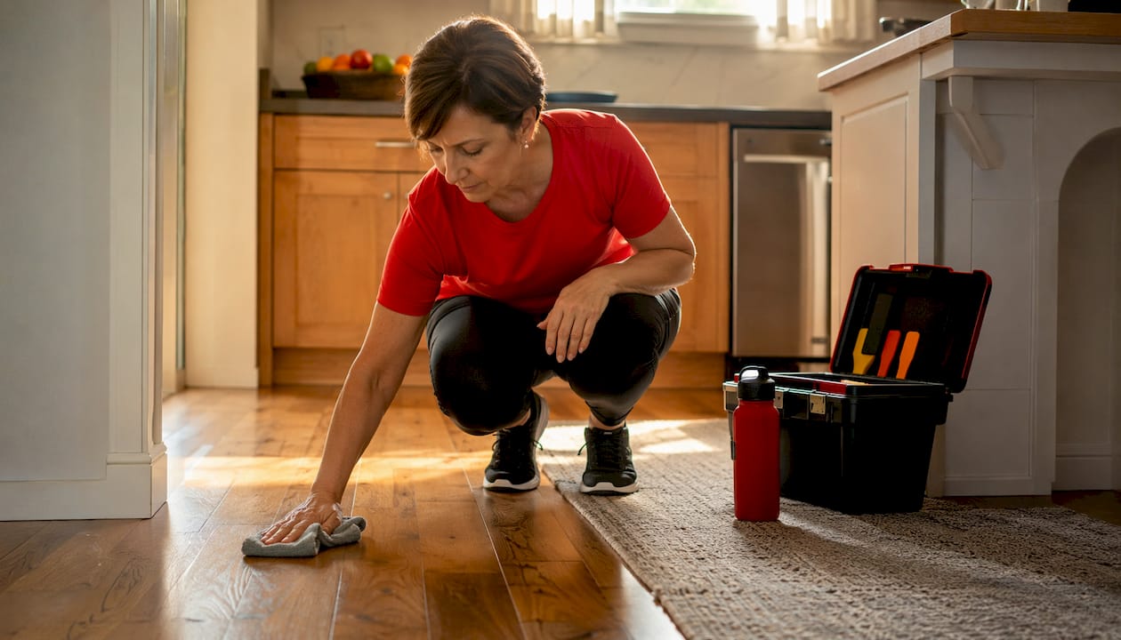 Woman cleaning newly installed hardwood floor