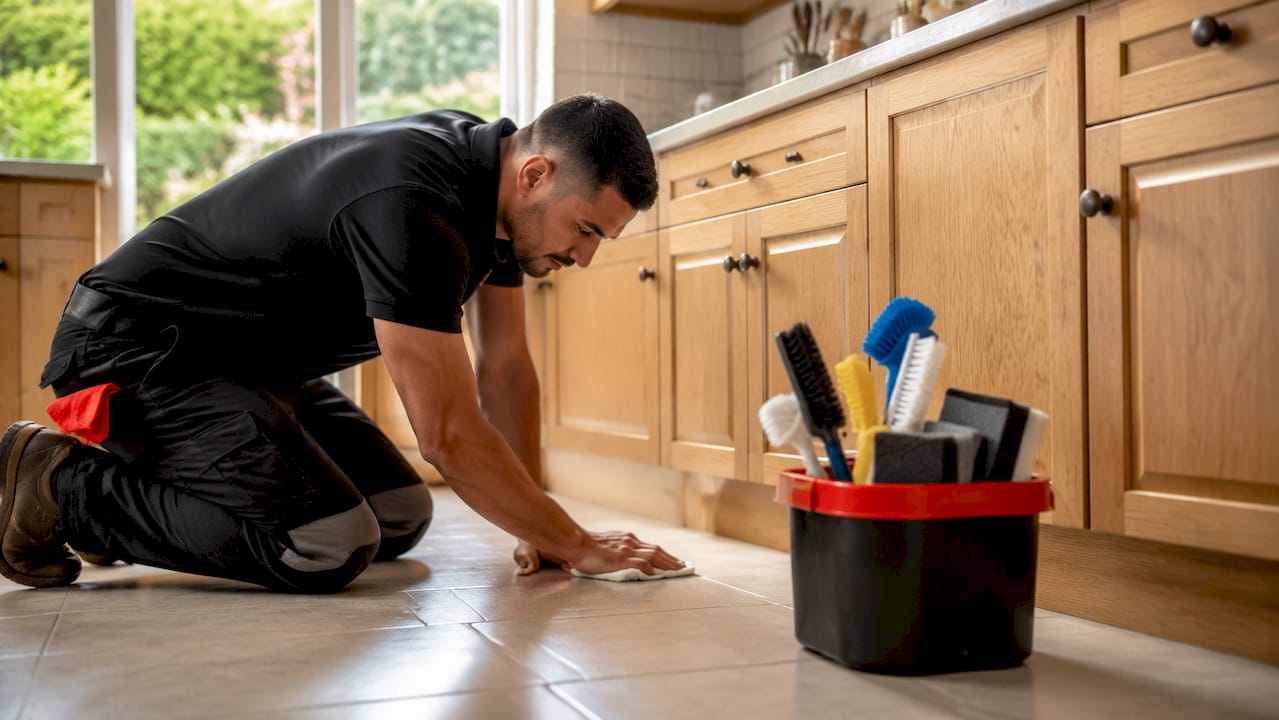 Technician testing cleaning solution on tiled floor