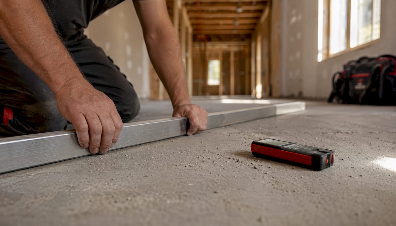 Installer measuring subfloor flatness and moisture