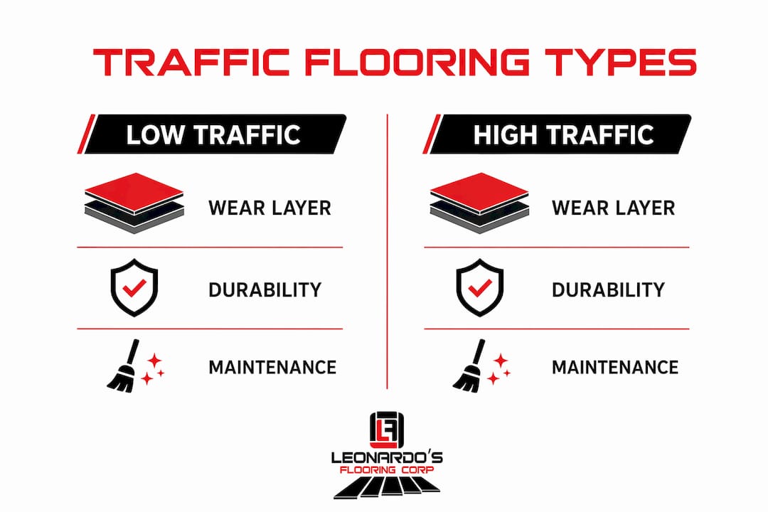 Infographic comparing low traffic and high traffic flooring