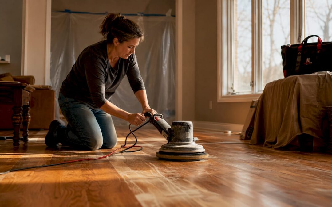 Woman preparing hardwood floor for recoat