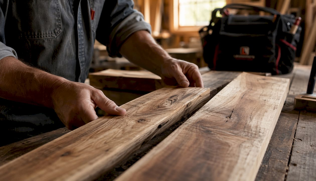 Close-up of hands comparing rustic hardwood planks