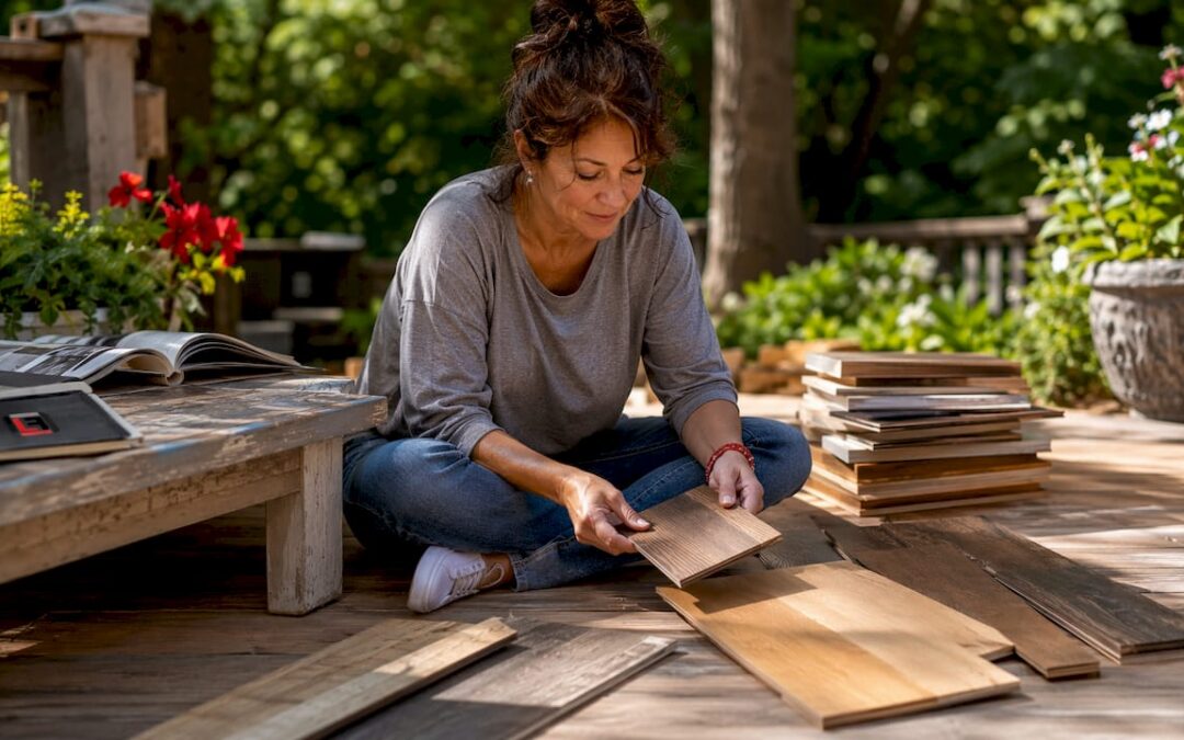 Woman reviewing rustic hardwood flooring samples