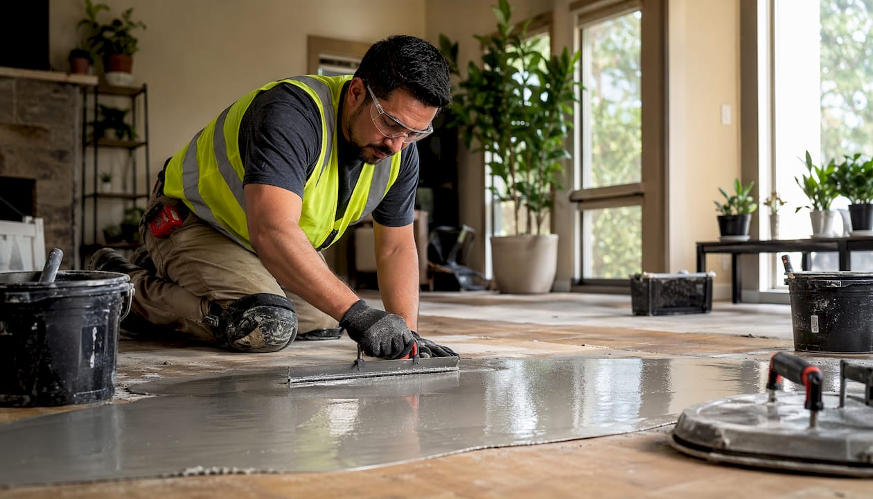 Contractor applying leveling compound on wood subfloor