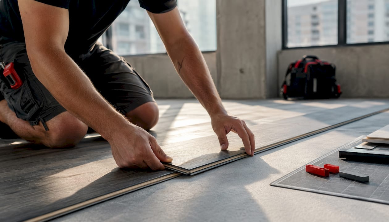 Hands installing SPC vinyl plank flooring
