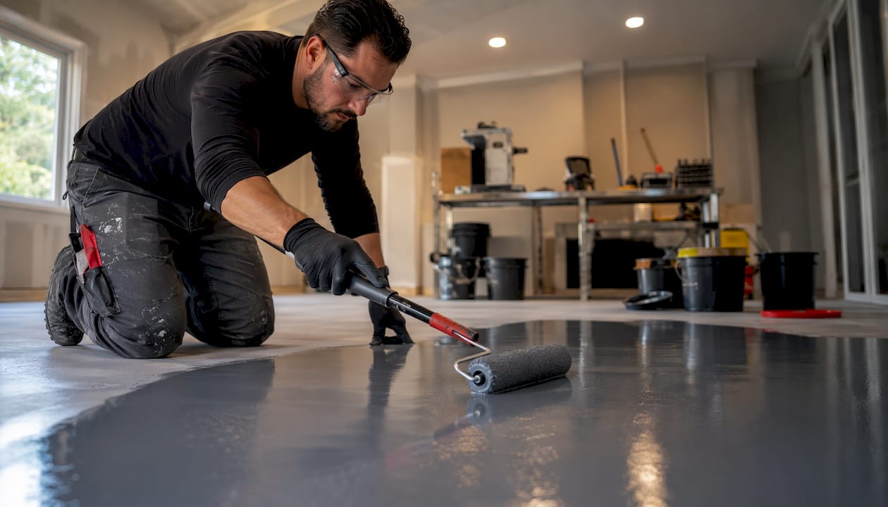 Worker applying epoxy coating on concrete floor