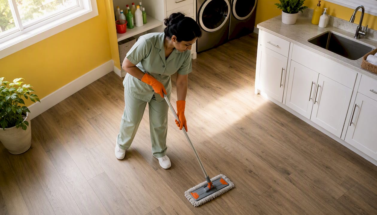 Woman mopping kitchen floor for maintenance